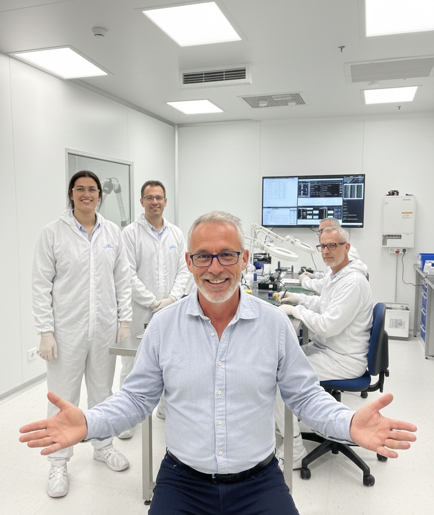 Emmanuel Klein et l'équipe technique SOS-DISQUE en salle blanche